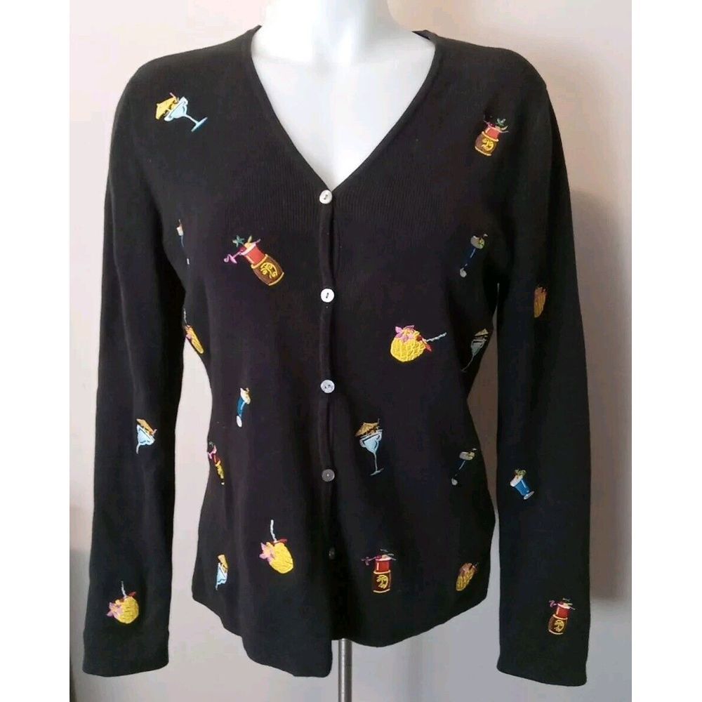 ALEXANDRA BARTLETT Black Cotton  Embroidery Cocktail Glasses Sweater Size Medium